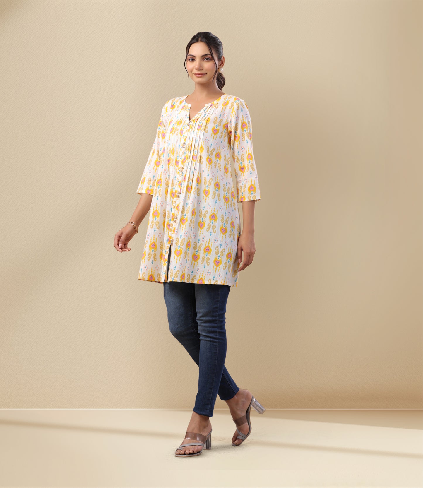 White Cotton Ikkat Pleated Tunic