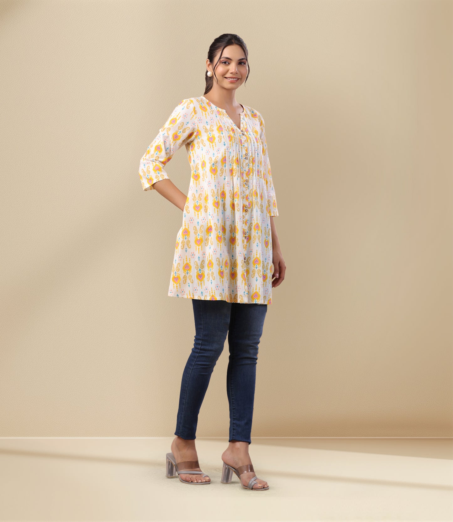 White Cotton Ikkat Pleated Tunic