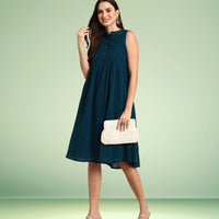 Teal Cotton Solid A-line Western Dress