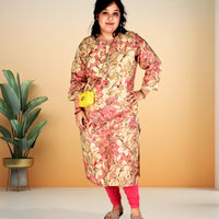 Multi Colored Floral Print Plus Size Muslin Kurti with Lemon Yellow Accents