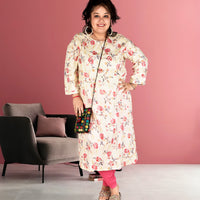 Plus Size Muslin Cream Floral Print Kurti