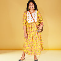 Yellow Cotton Flared Ethnic Dress