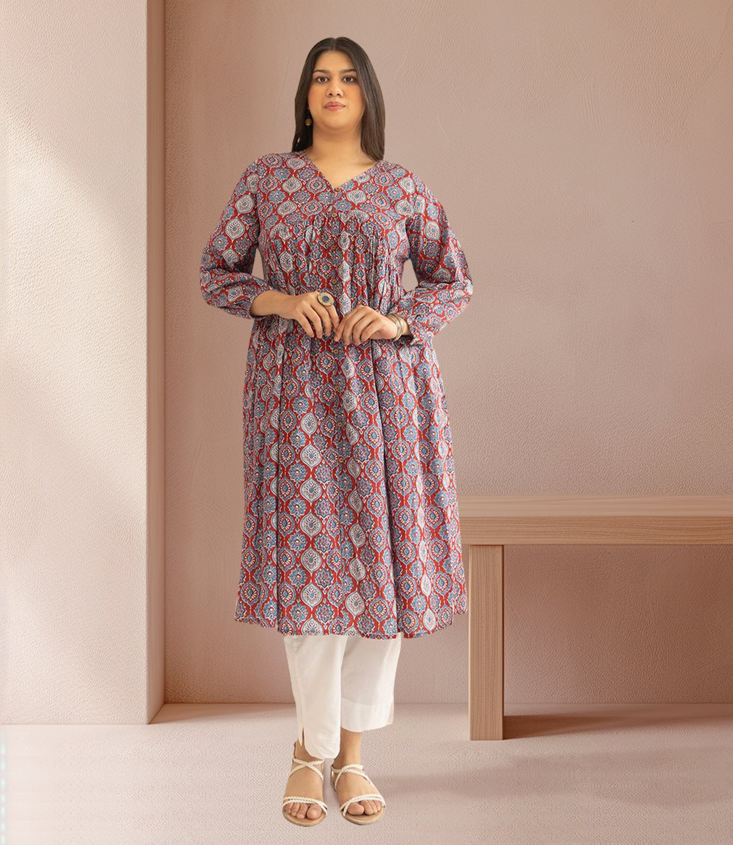 Plus Size Red Cotton Ethnic Motifs A-Line Kurta