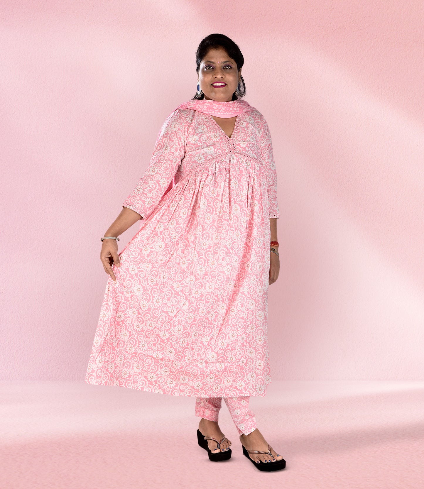 Pink Cotton Embroidered Mirror Work Flared Stitched Kurti Set With Dupatta