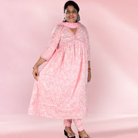 Pink Cotton Embroidered Mirror Work Flared Stitched Kurti Set With Dupatta