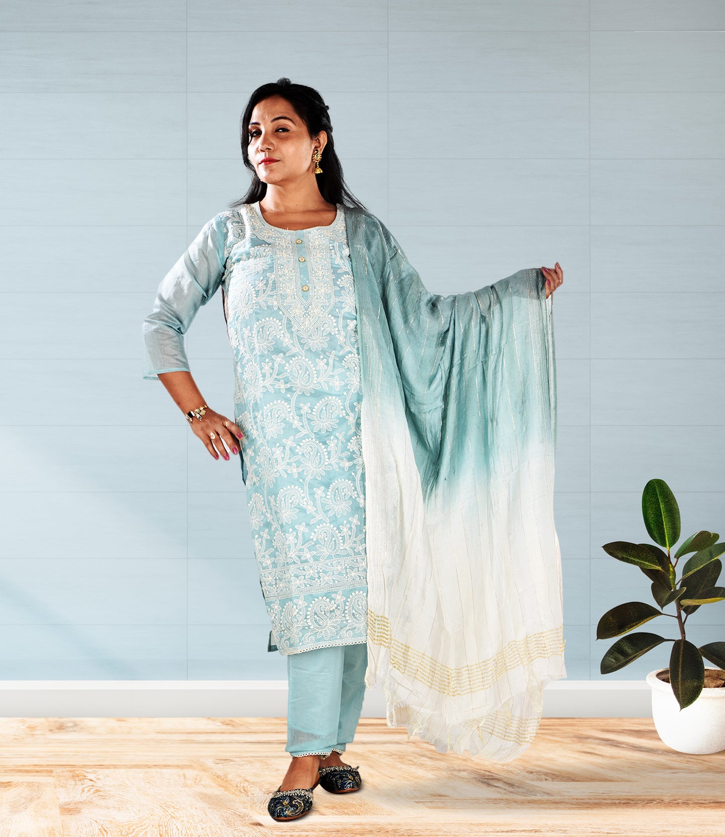 Blue Embriodered Kurta with Trousers and Dupatta