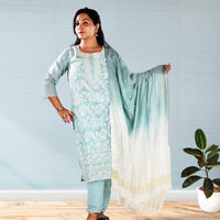 Blue Embriodered Kurta with Trousers and Dupatta
