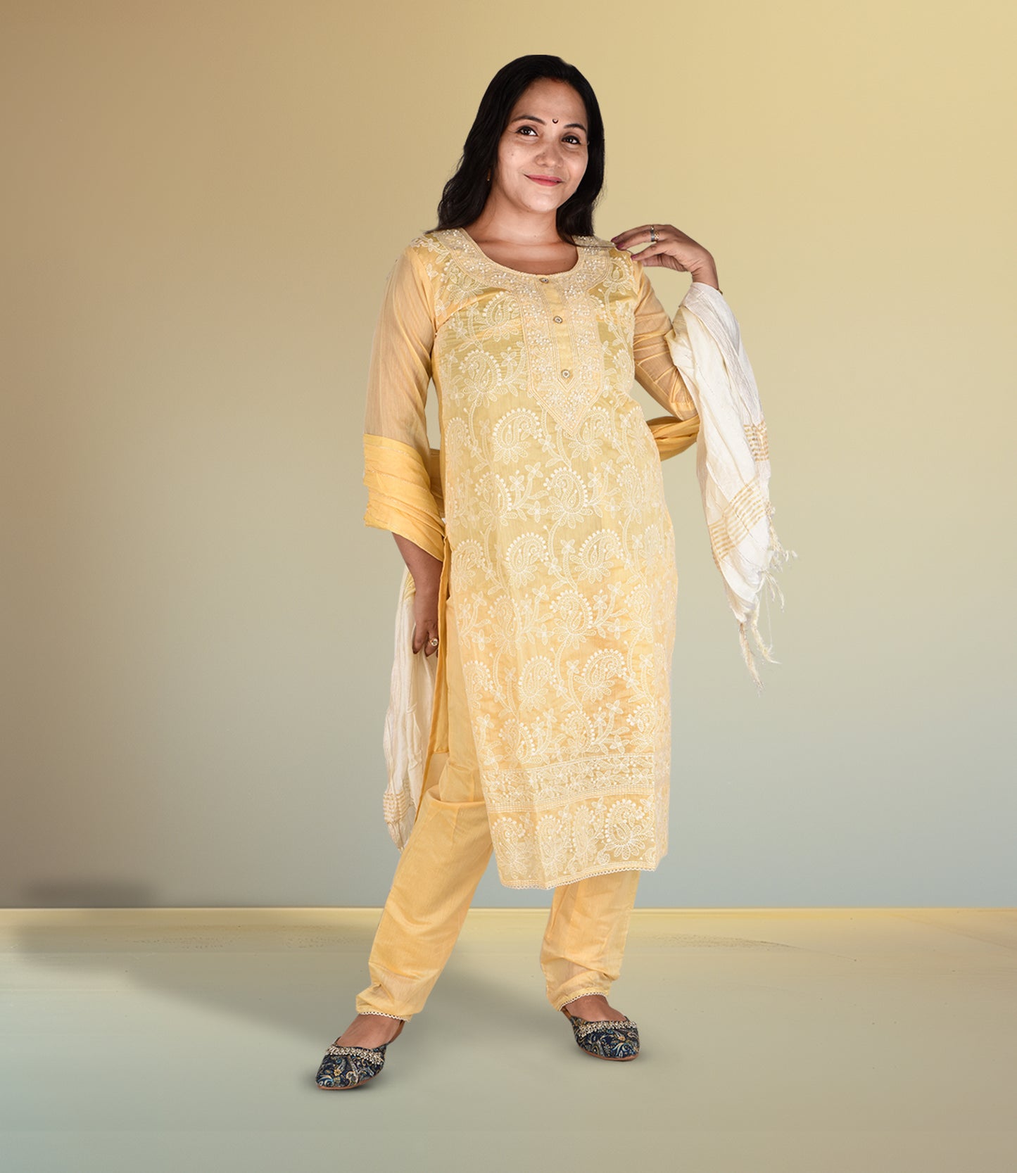 Lemon Yellow Embriodered Kurta with Trousers and Dupatta