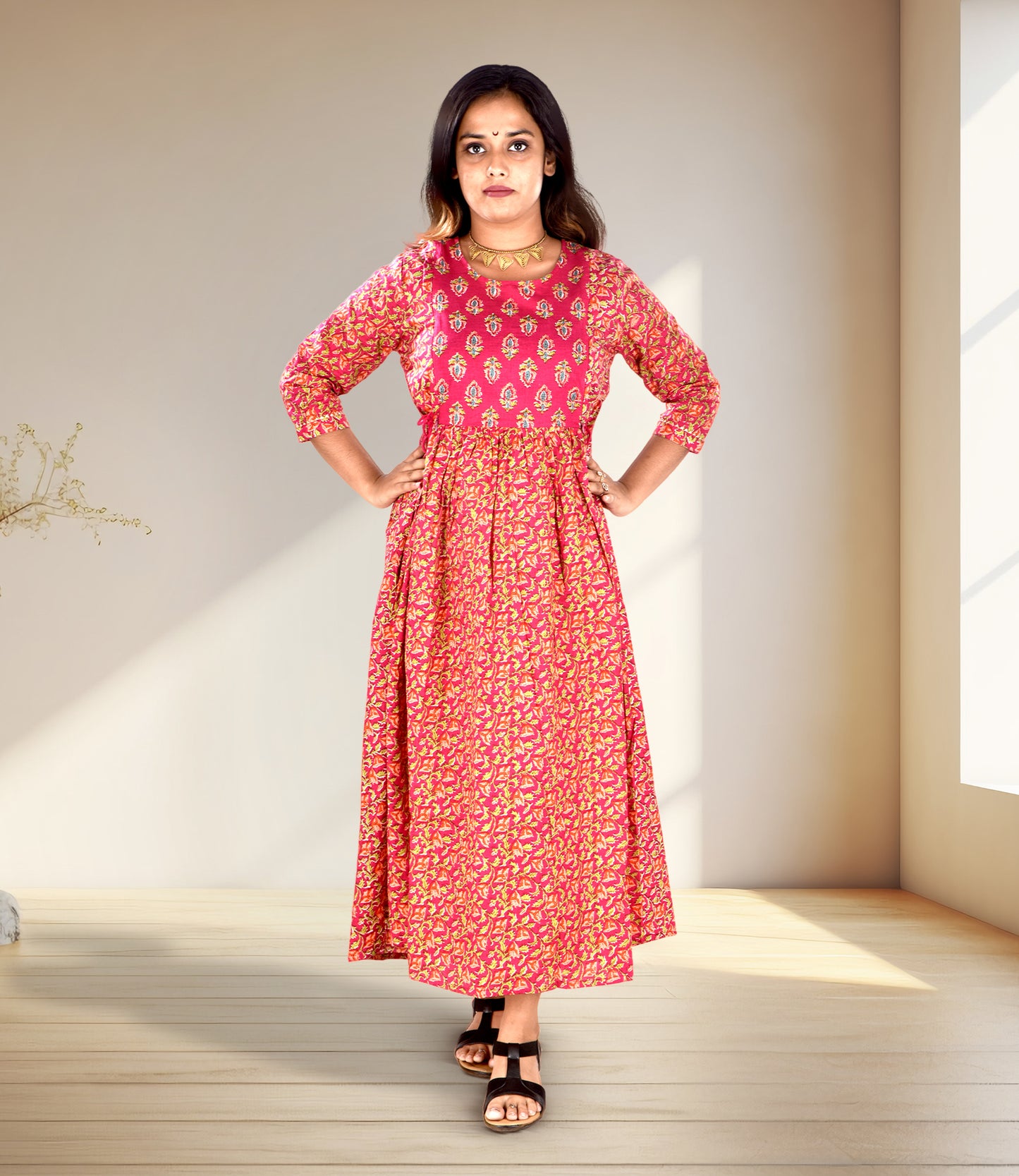 Red Maternity Wear Flared Ethnic Dress
