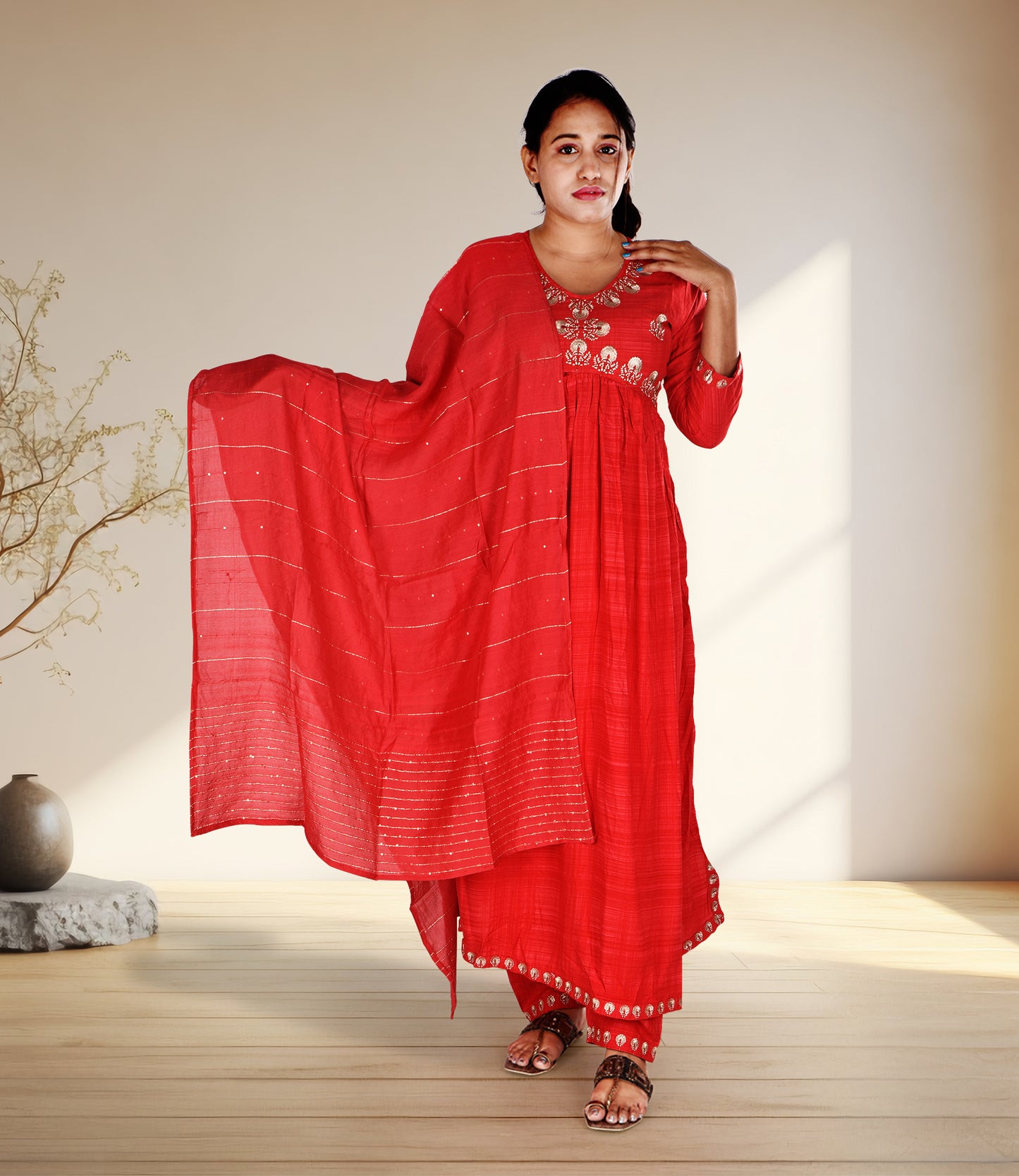 Red Ethnic Motifs Embroidered High Slit Threadwork Kurta with Trousers and Dupatta