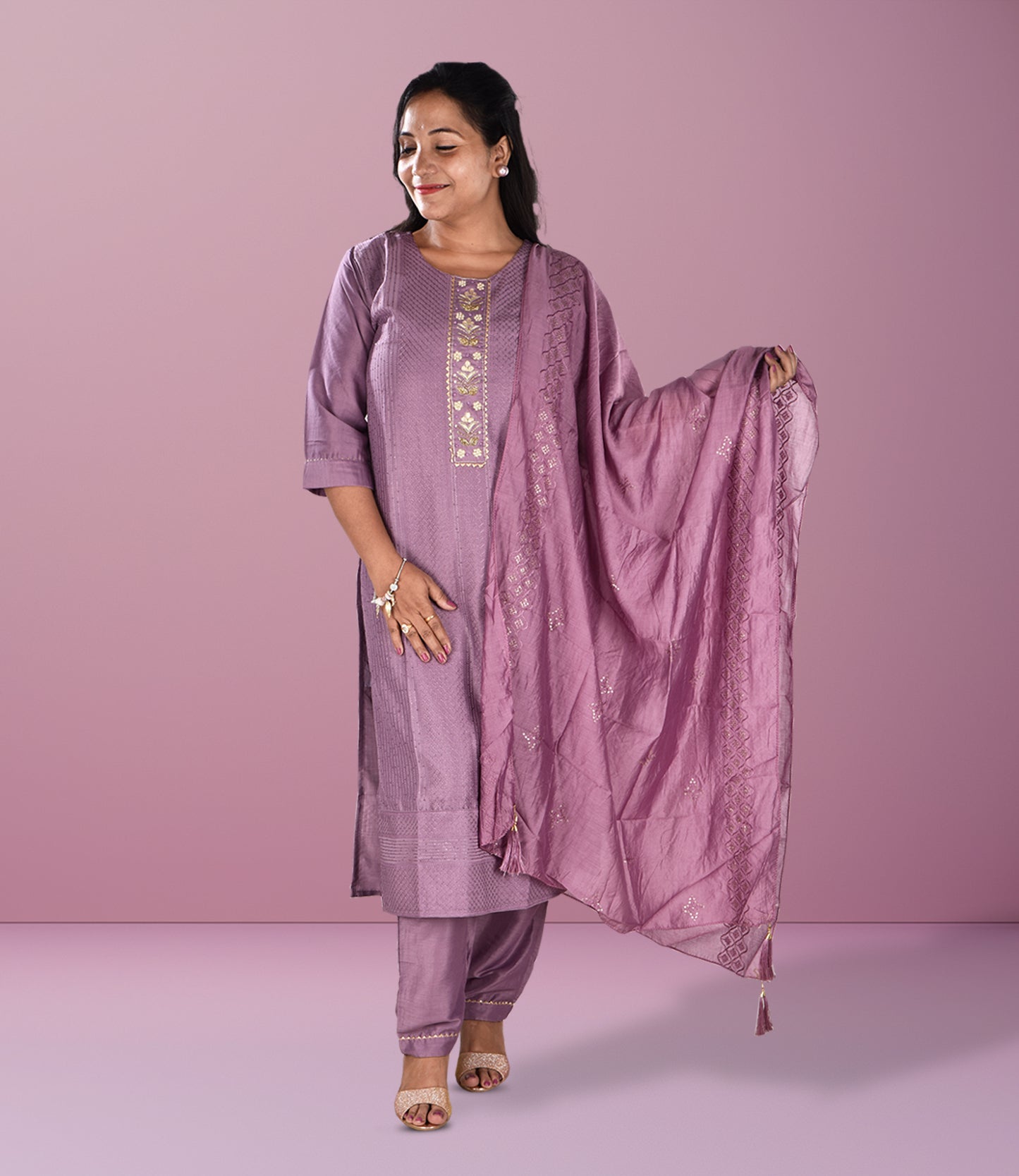 Purple Silk Self Embriodery Kurta with Trousers and Dupatta