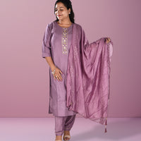 Purple Silk Self Embriodery Kurta with Trousers and Dupatta