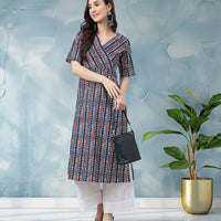Navy Blue Cotton Geometric Straight Kurta