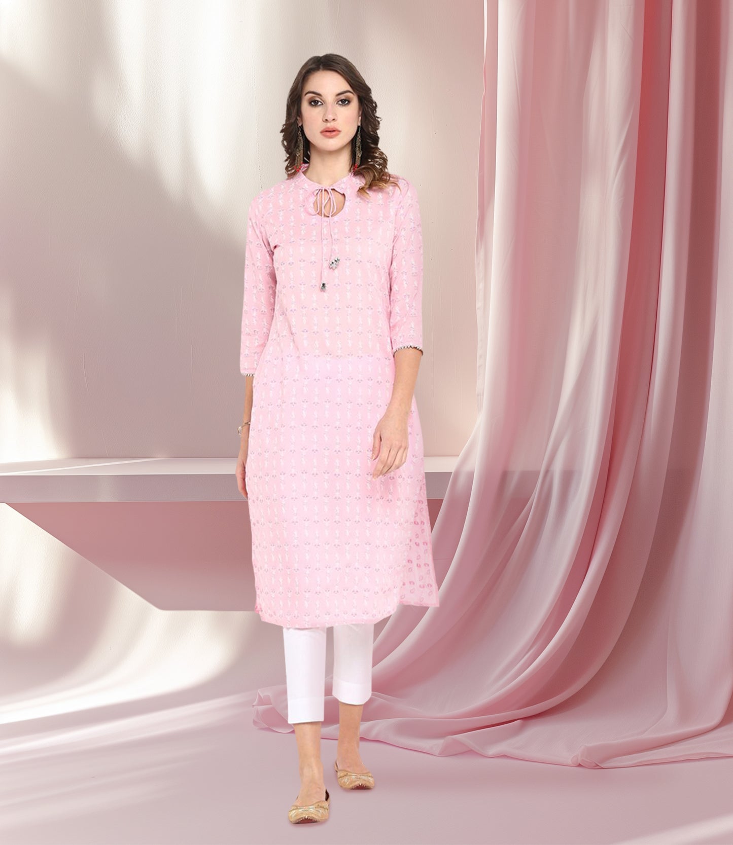 Pink Cotton Floral Print Straight Kurta