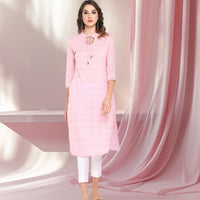 Pink Cotton Floral Print Straight Kurta