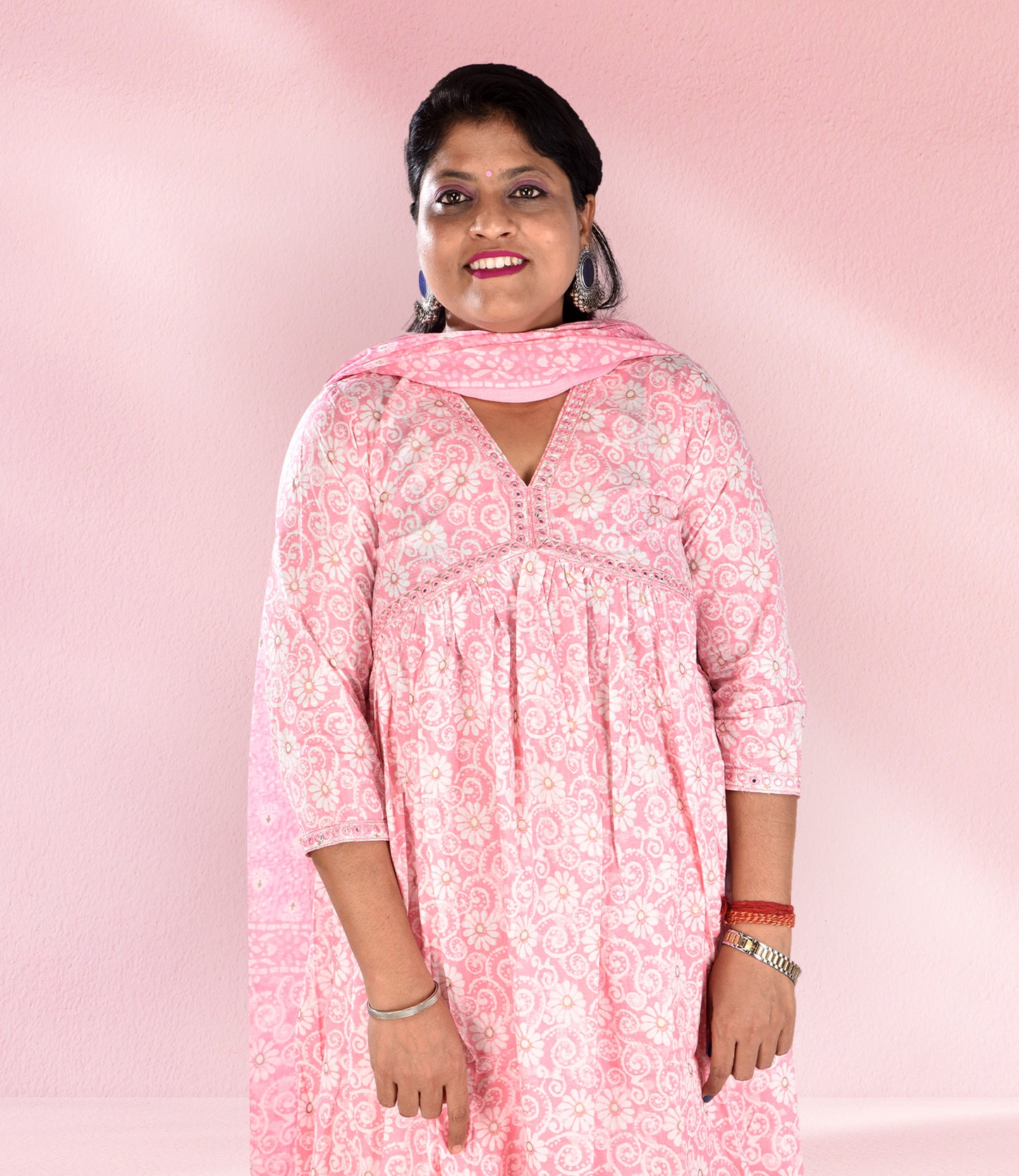 Pink Cotton Embroidered Mirror Work Flared Stitched Kurti Set With Dupatta