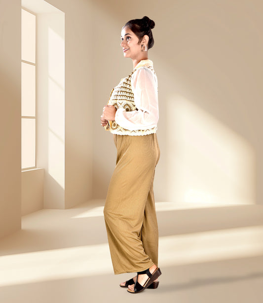 White and Brown Knitted Crochet Crop Top with Green Trousers