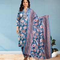 Blue and Beige Floral Print Salwar Suit