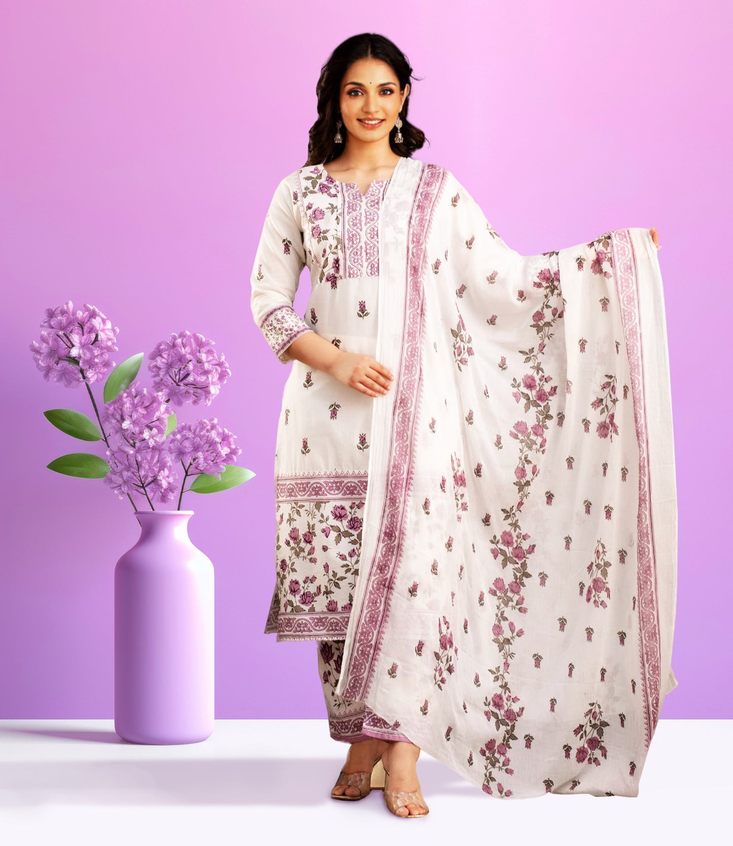 White Floral Print Kurta Set
