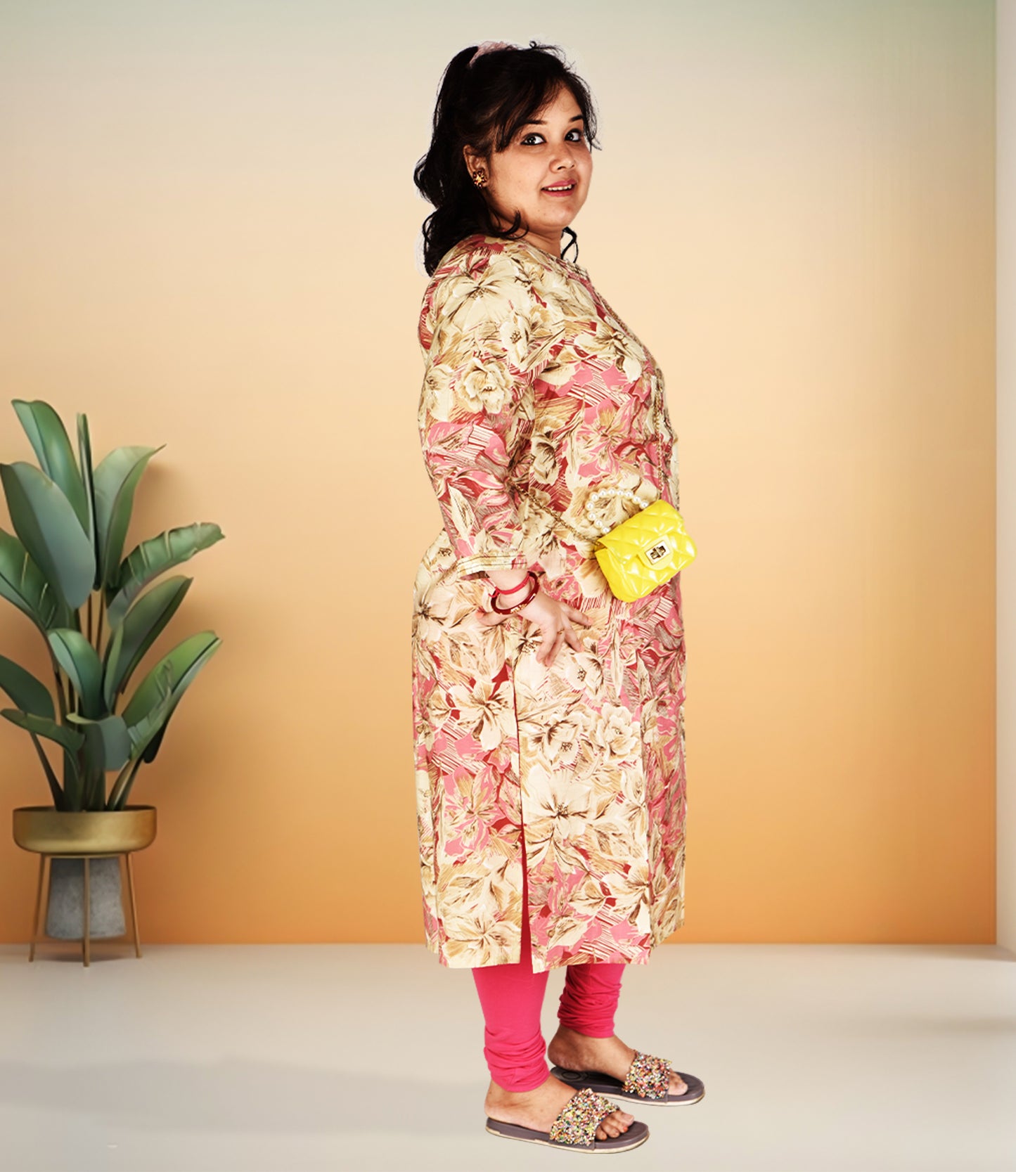 Multi Colored Floral Print Plus Size Muslin Kurti with Lemon Yellow Accents