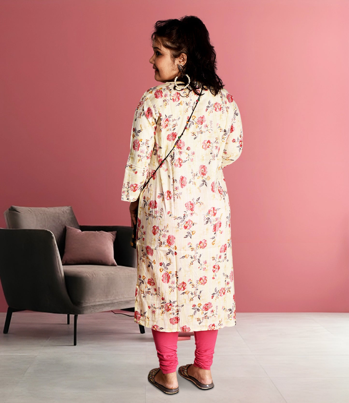 Plus Size Muslin Cream Floral Print Kurti