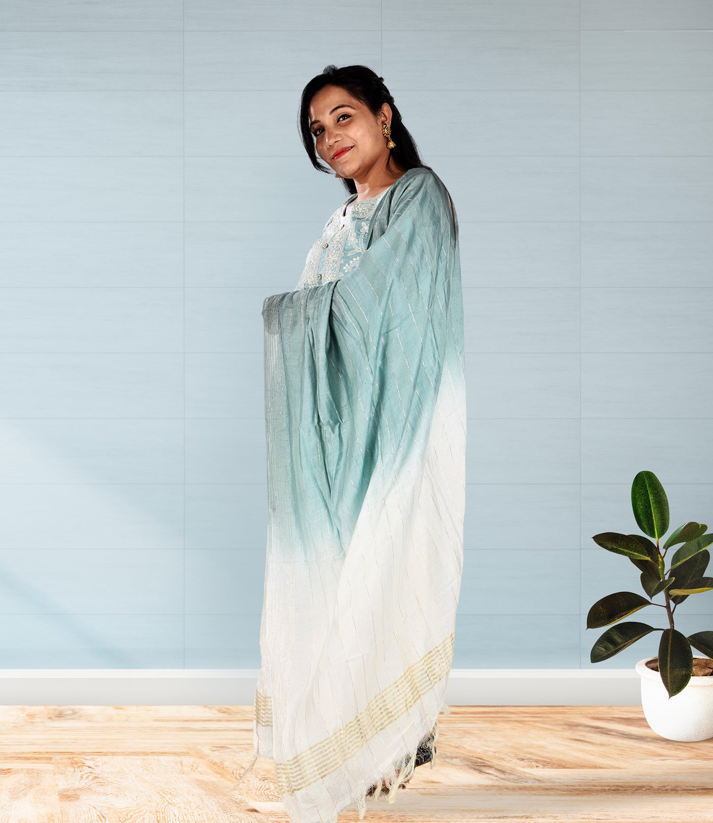 Blue Embriodered Kurta with Trousers and Dupatta