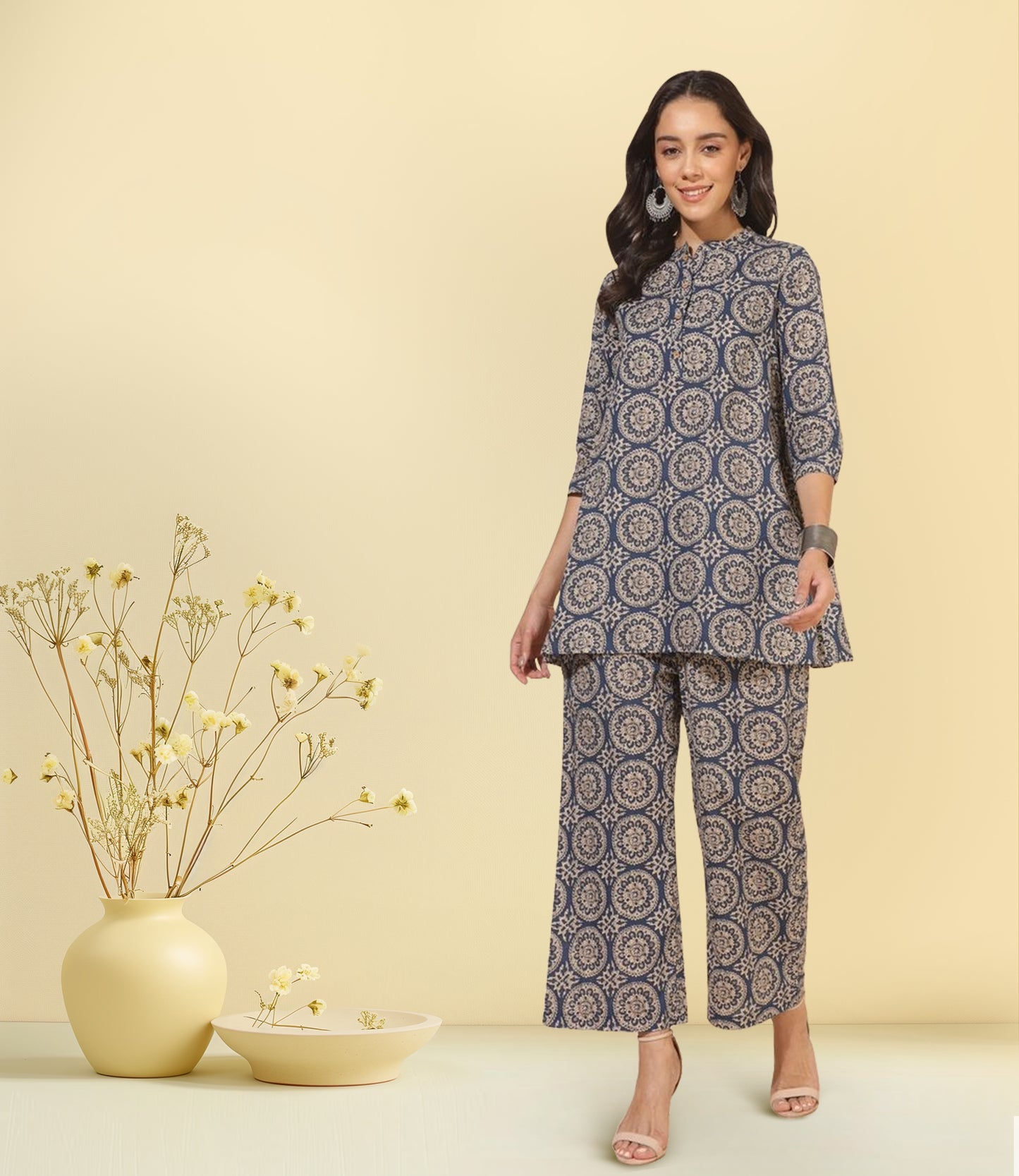 Blue Cotton Ethnic Motifs Tunic with Palazzo
