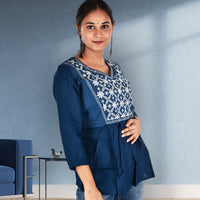 Blue Rayon Top with White Embroidery