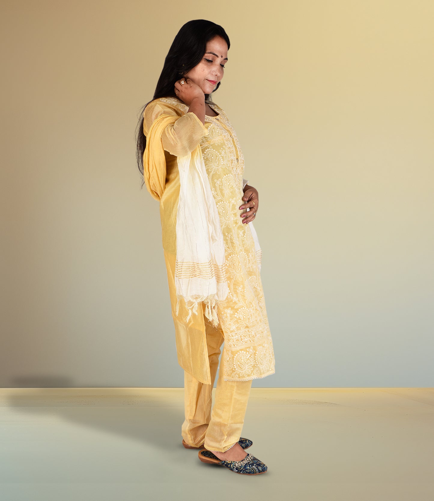Lemon Yellow Embriodered Kurta with Trousers and Dupatta