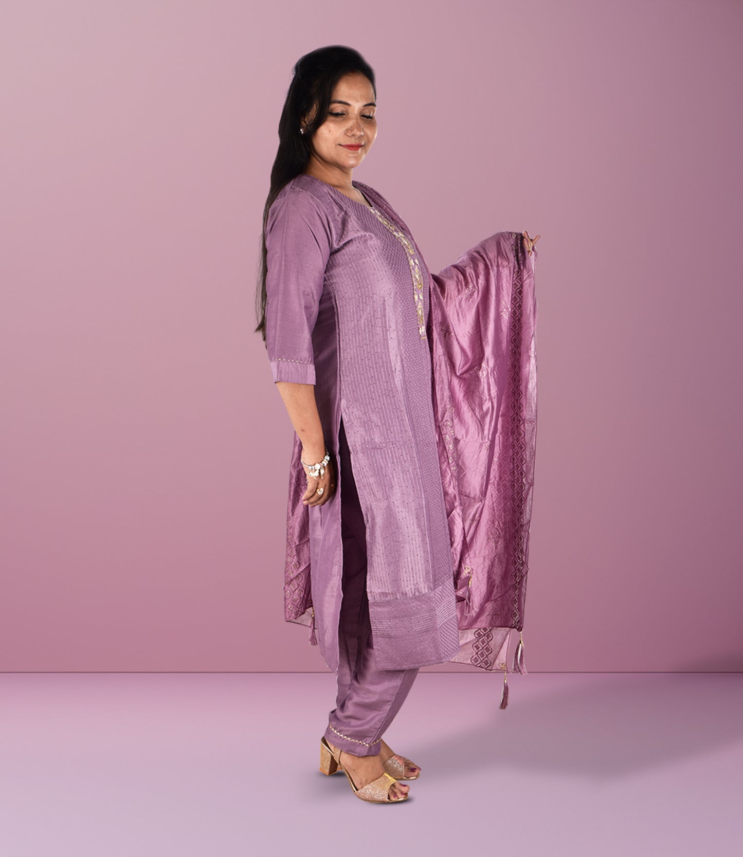 Purple Silk Self Embriodery Kurta with Trousers and Dupatta