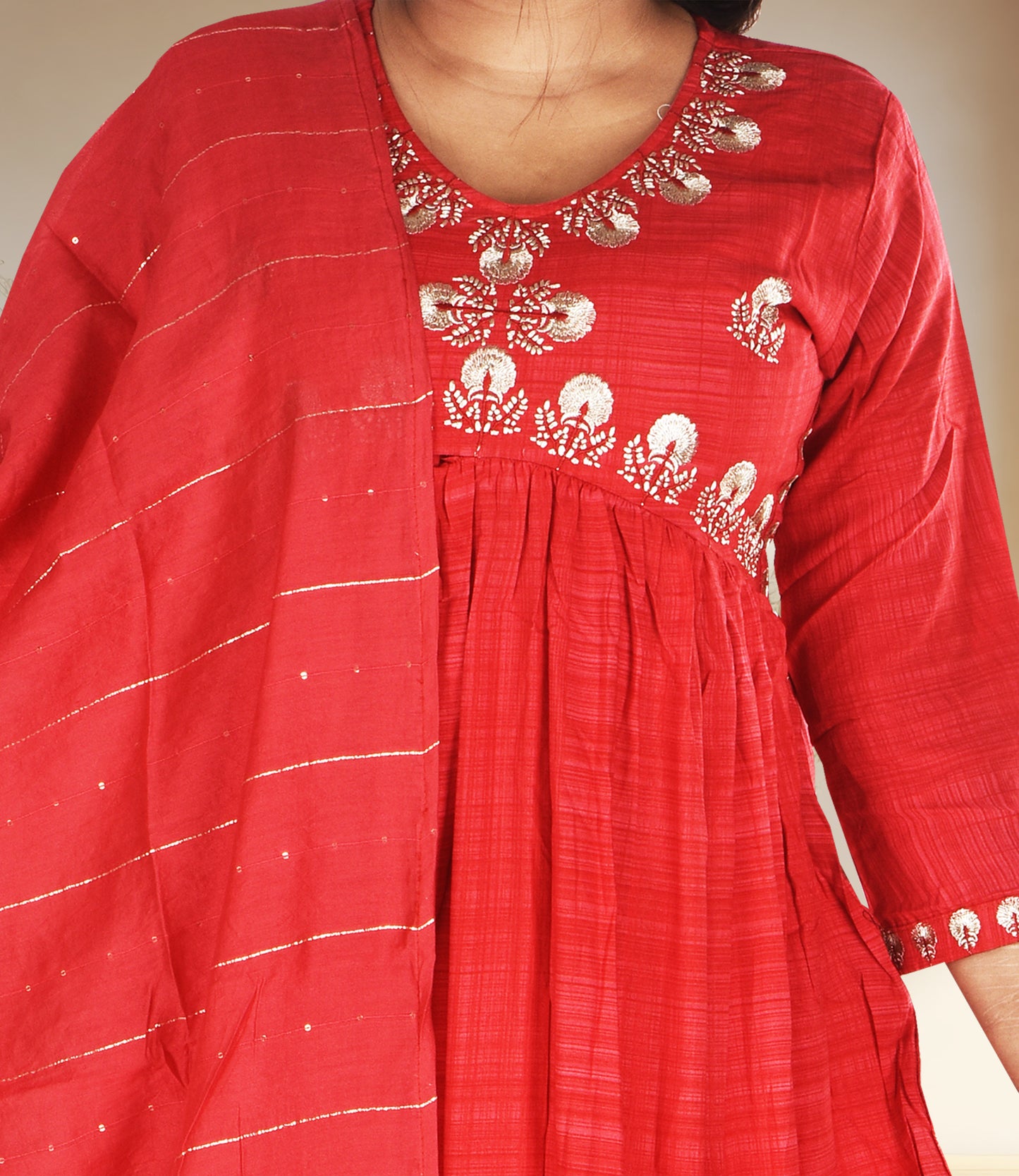 Red Ethnic Motifs Embroidered High Slit Threadwork Kurta with Trousers and Dupatta