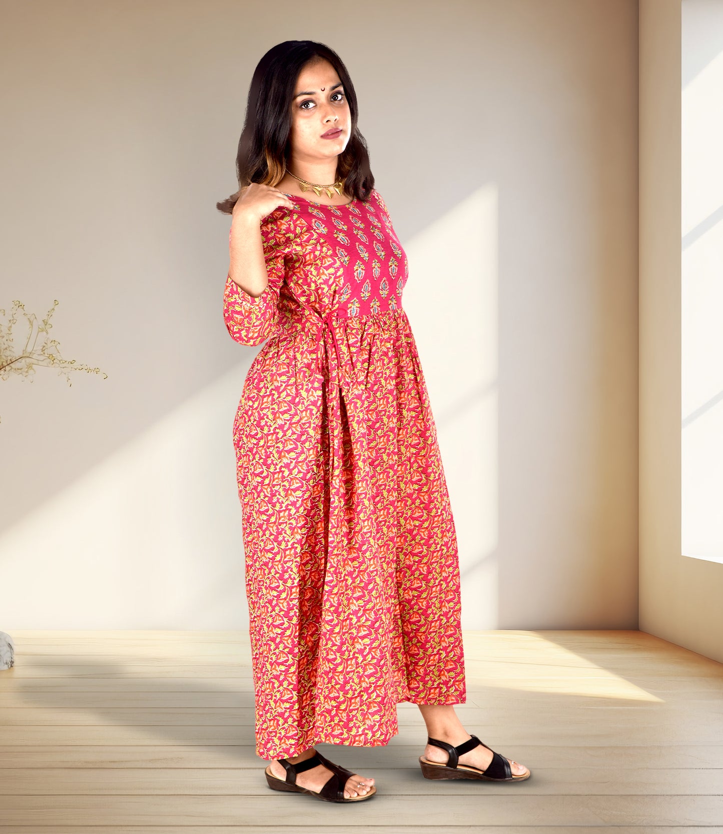 Red Maternity Wear Flared Ethnic Dress
