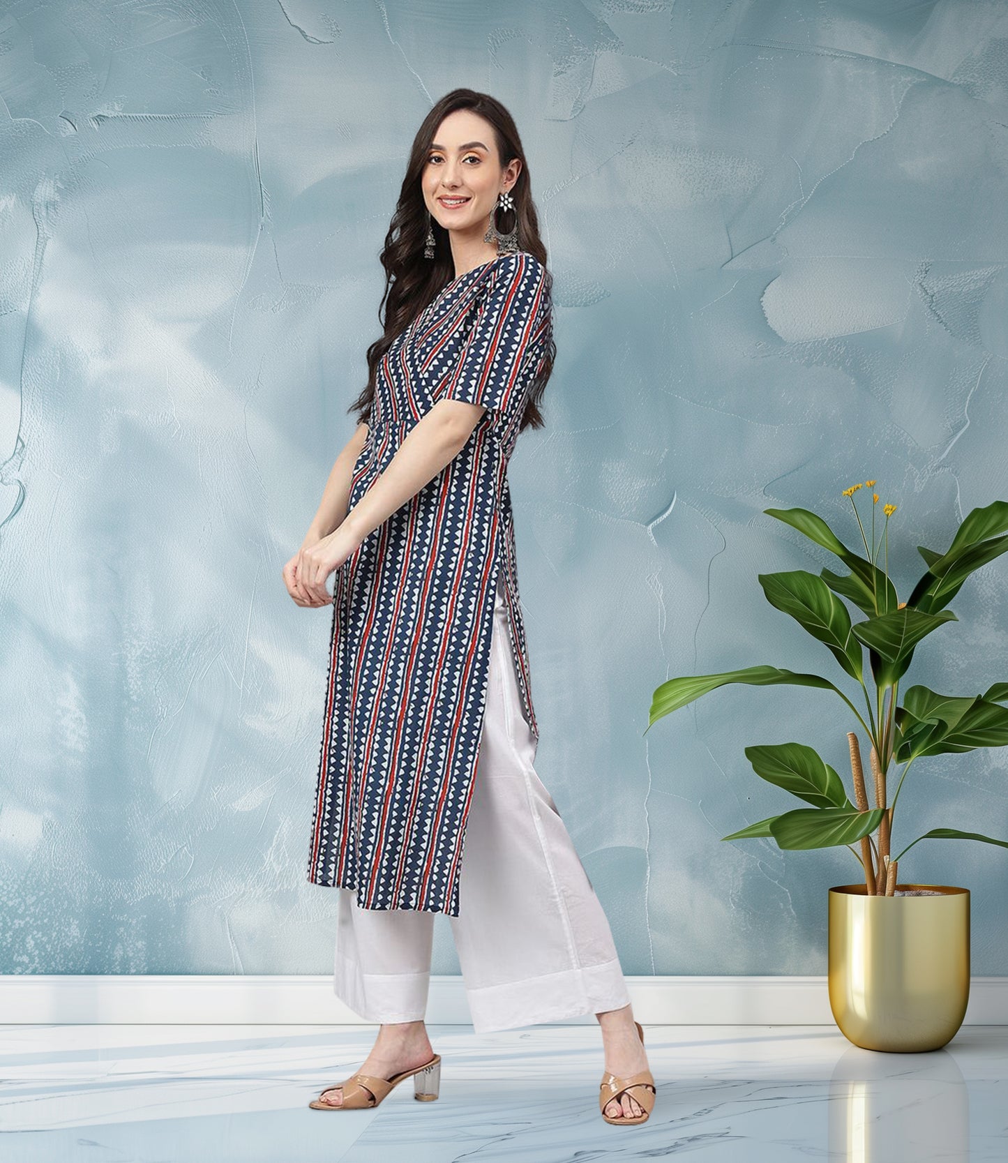 Navy Blue Cotton Geometric Straight Kurta