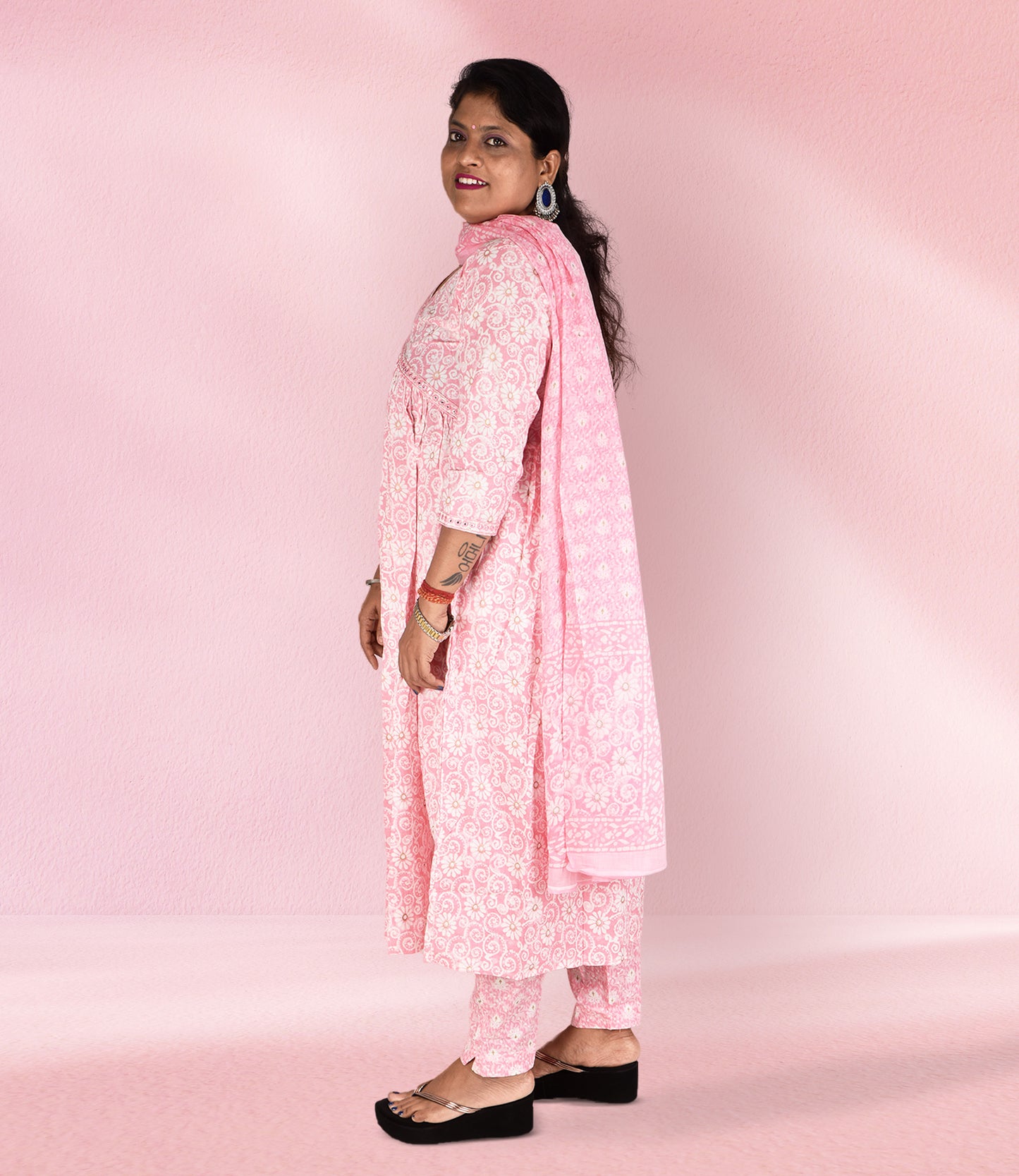 Pink Cotton Embroidered Mirror Work Flared Stitched Kurti Set With Dupatta