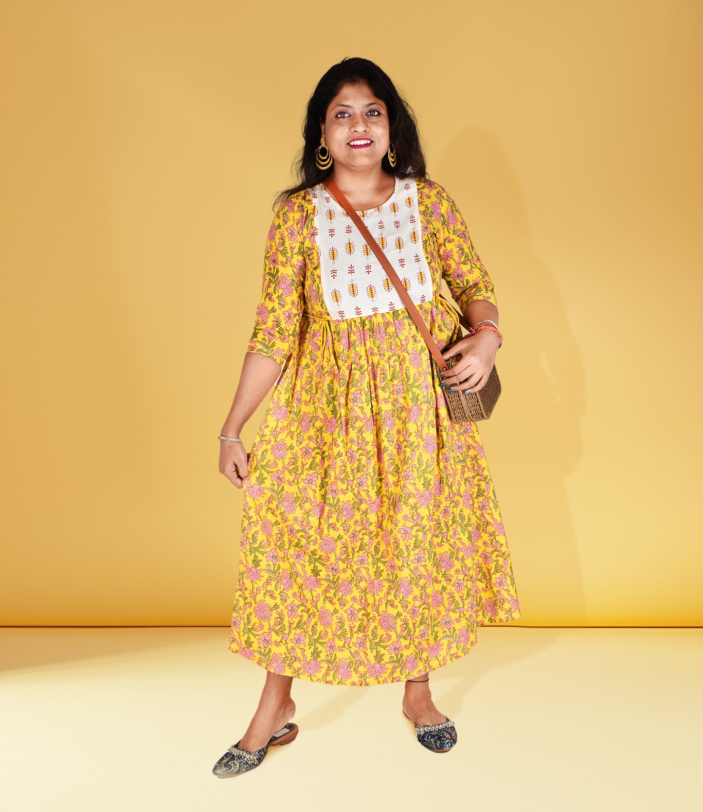 Yellow Cotton Flared Ethnic Dress