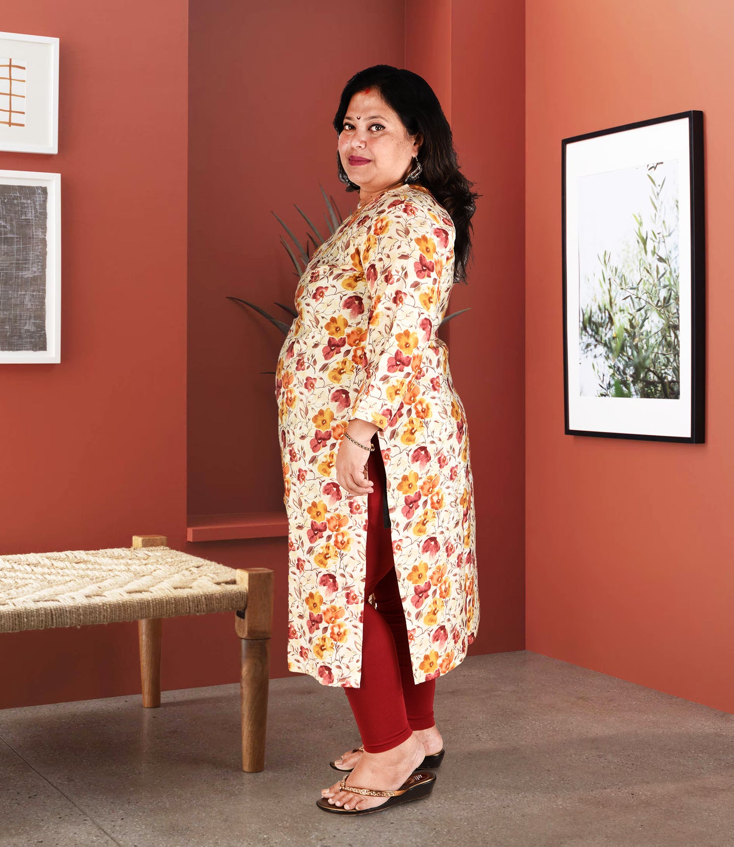 Plus Size Muslin Kurti with Lemon Yellow Floral Print