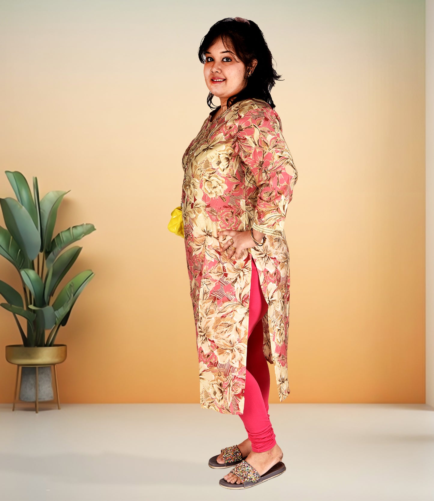 Multi Colored Floral Print Plus Size Muslin Kurti with Lemon Yellow Accents