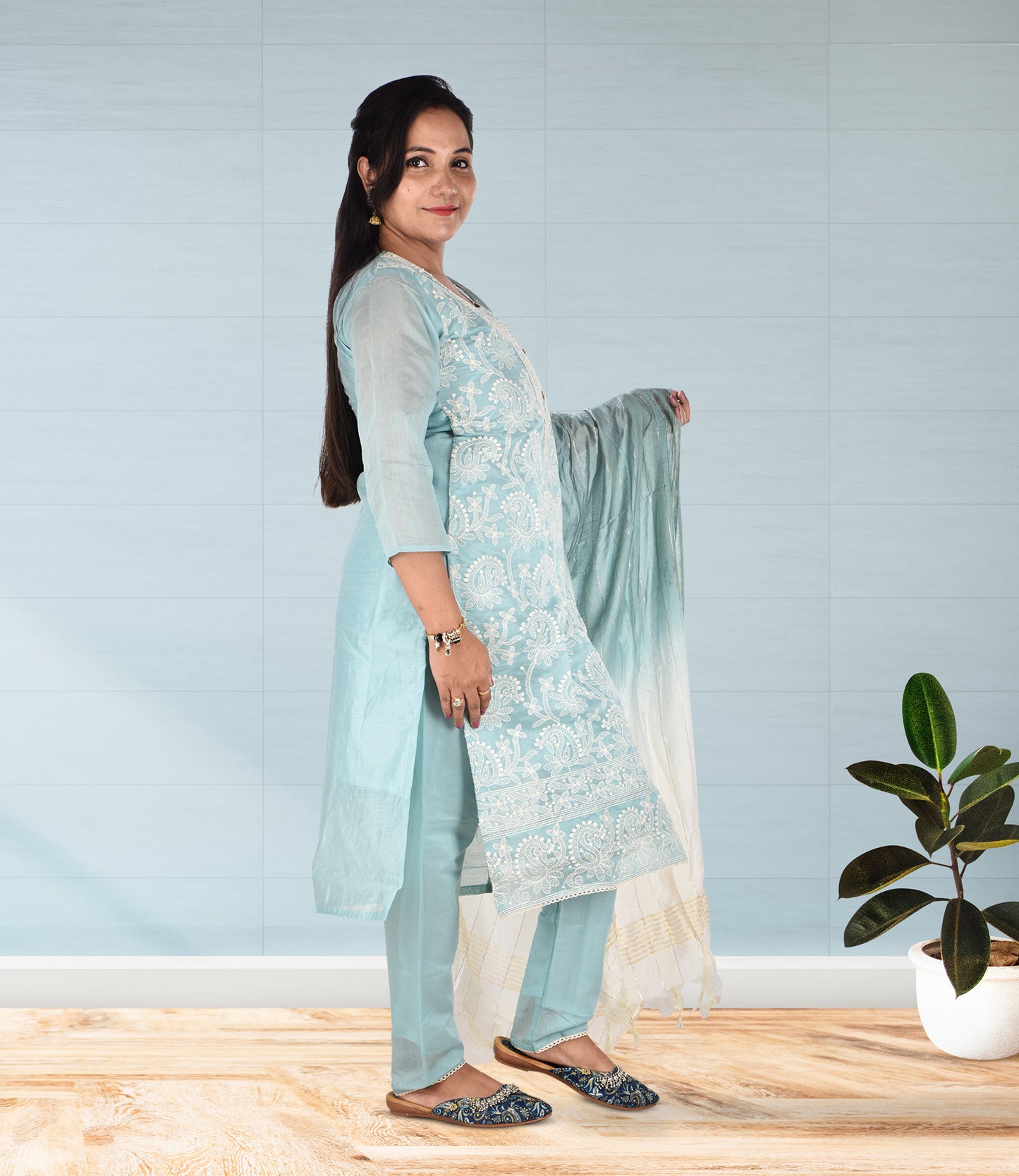 Blue Embriodered Kurta with Trousers and Dupatta