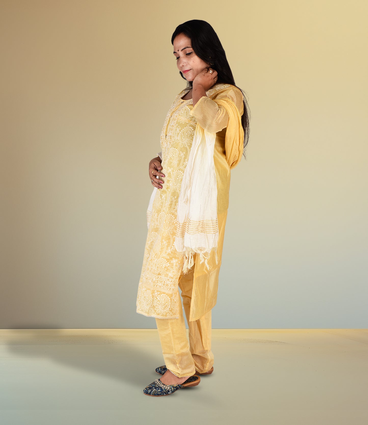 Lemon Yellow Embriodered Kurta with Trousers and Dupatta