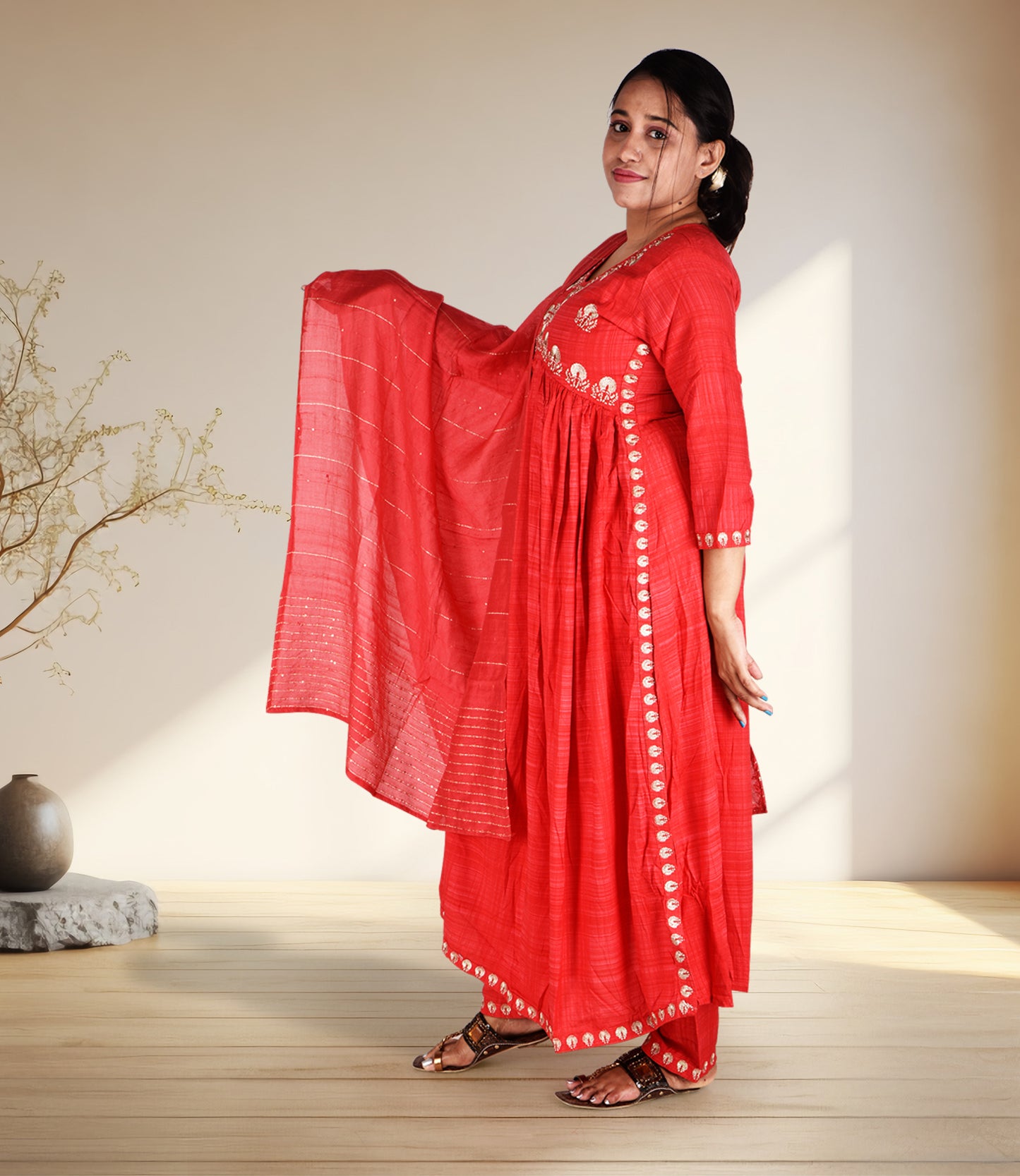 Red Ethnic Motifs Embroidered High Slit Threadwork Kurta with Trousers and Dupatta