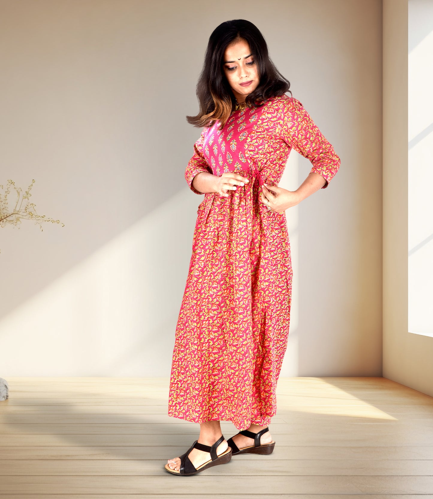 Red Maternity Wear Flared Ethnic Dress