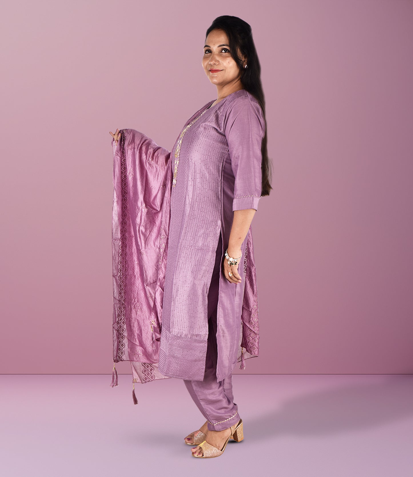 Purple Silk Self Embriodery Kurta with Trousers and Dupatta