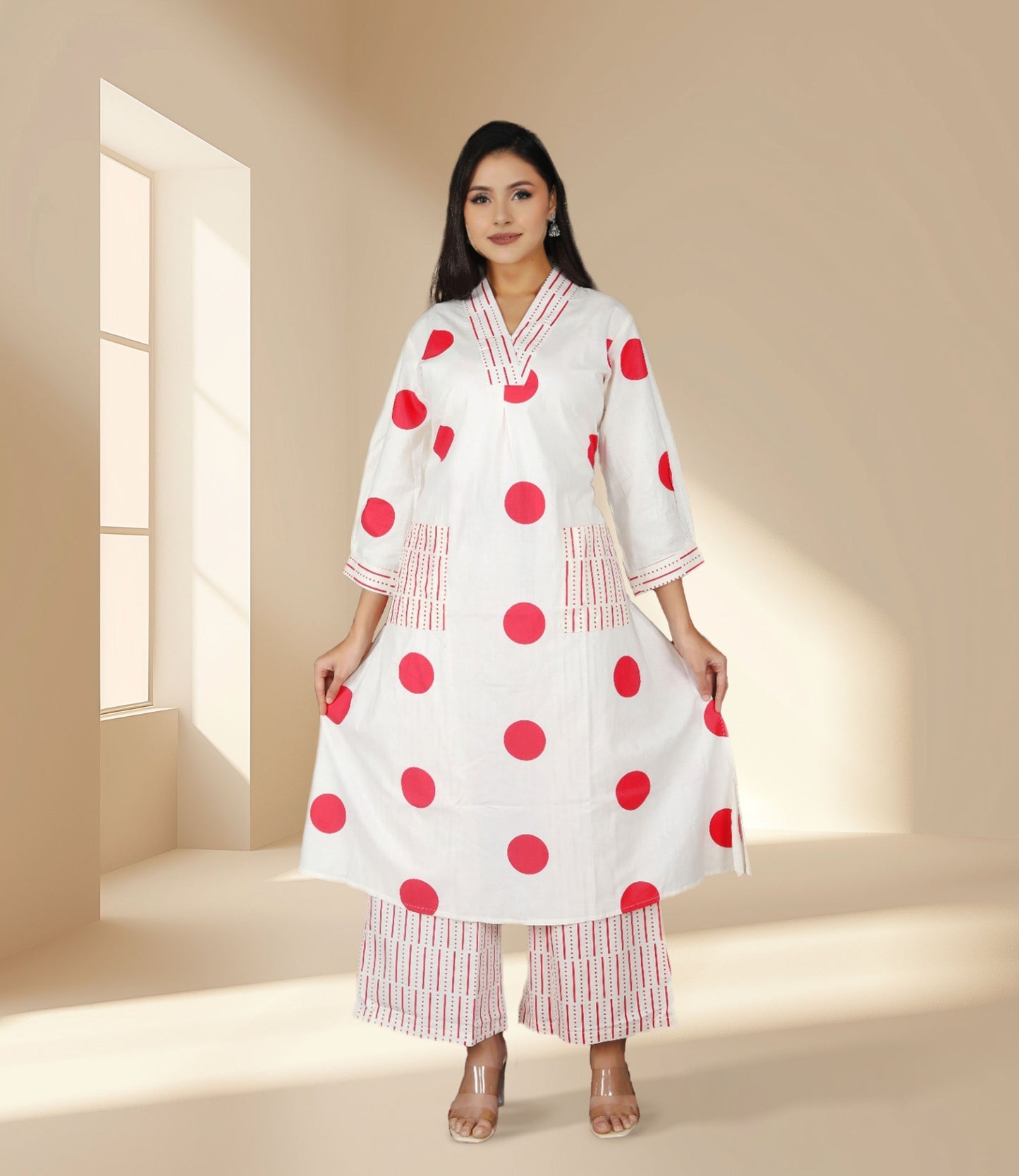 White Polka Dot Kurta Set with Pants