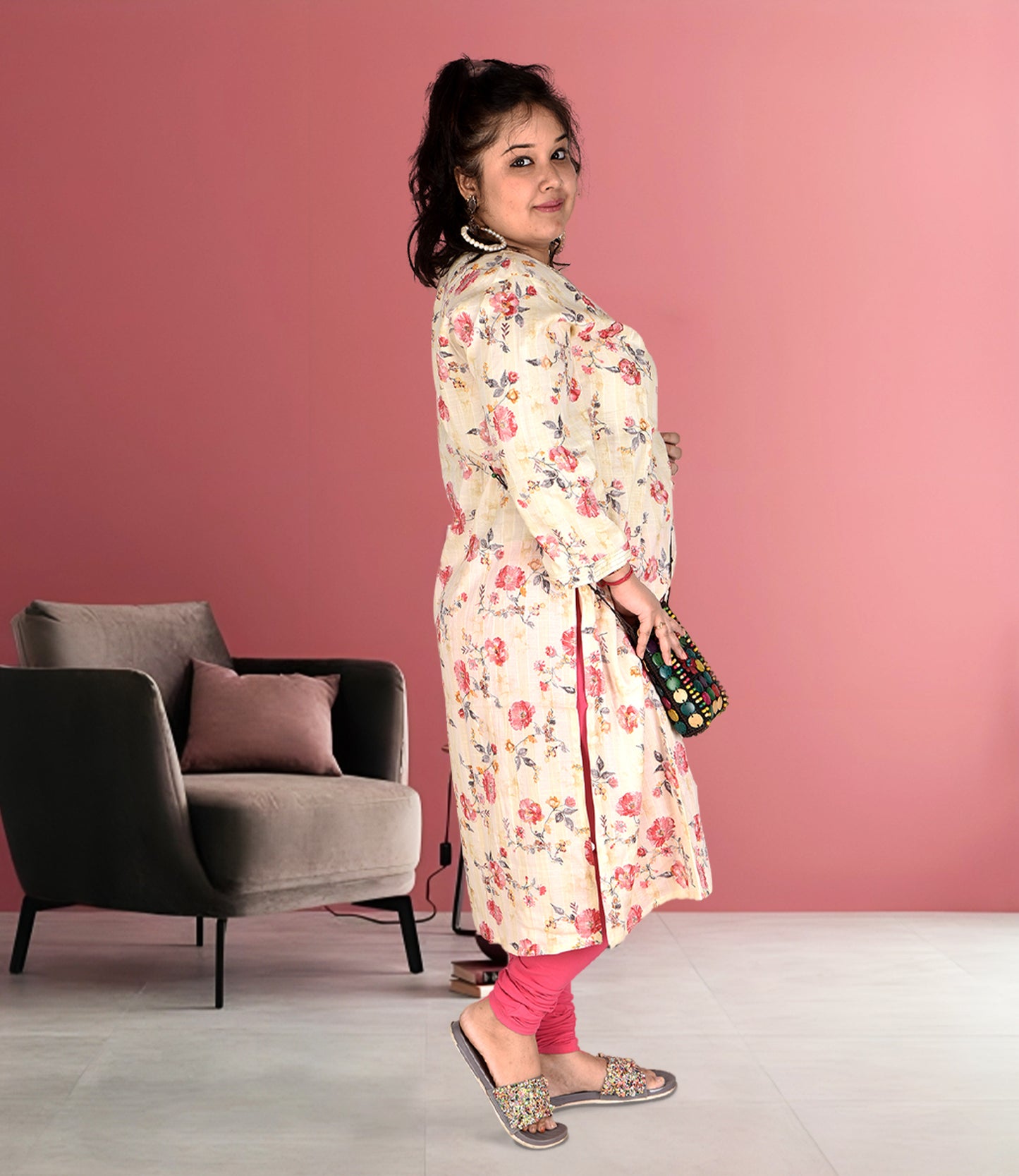 Plus Size Muslin Cream Floral Print Kurti