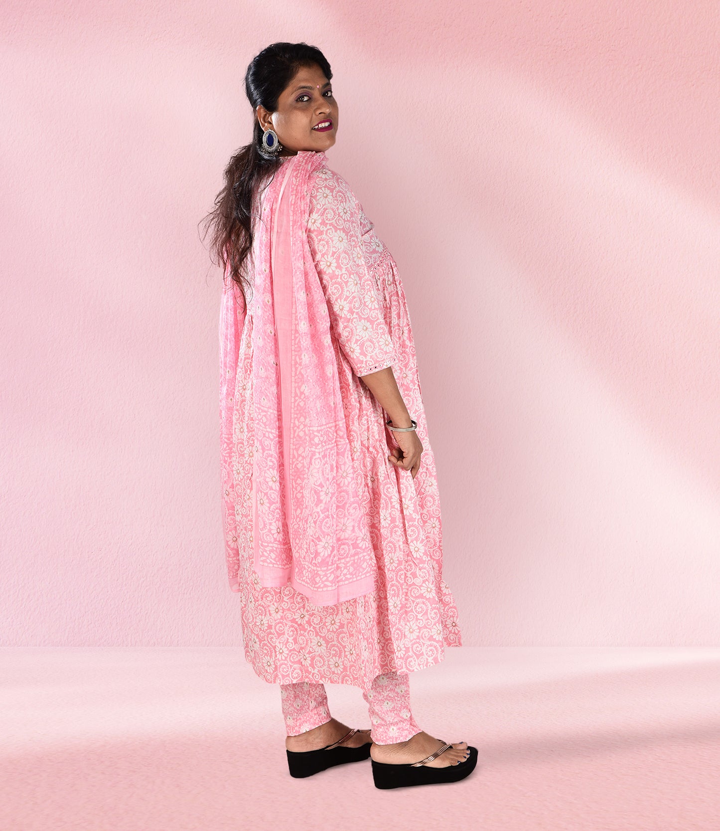Pink Cotton Embroidered Mirror Work Flared Stitched Kurti Set With Dupatta