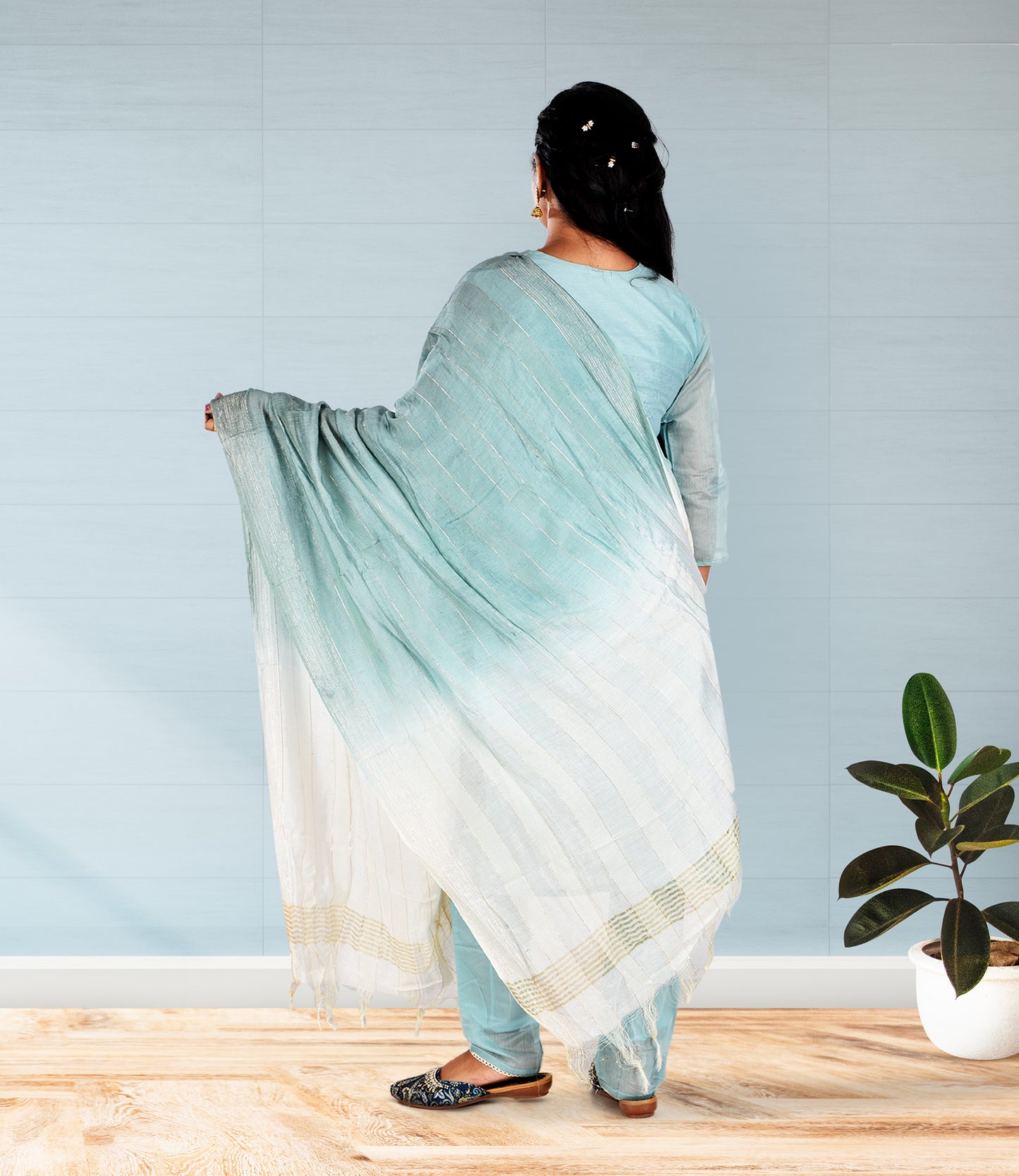 Blue Embriodered Kurta with Trousers and Dupatta