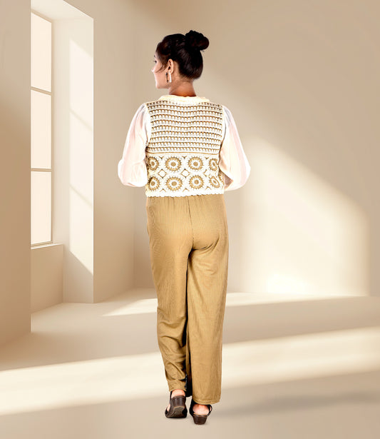 White and Brown Knitted Crochet Crop Top with Green Trousers