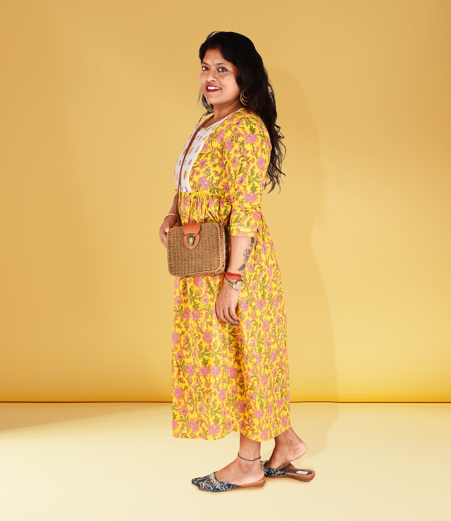 Yellow Cotton Flared Ethnic Dress