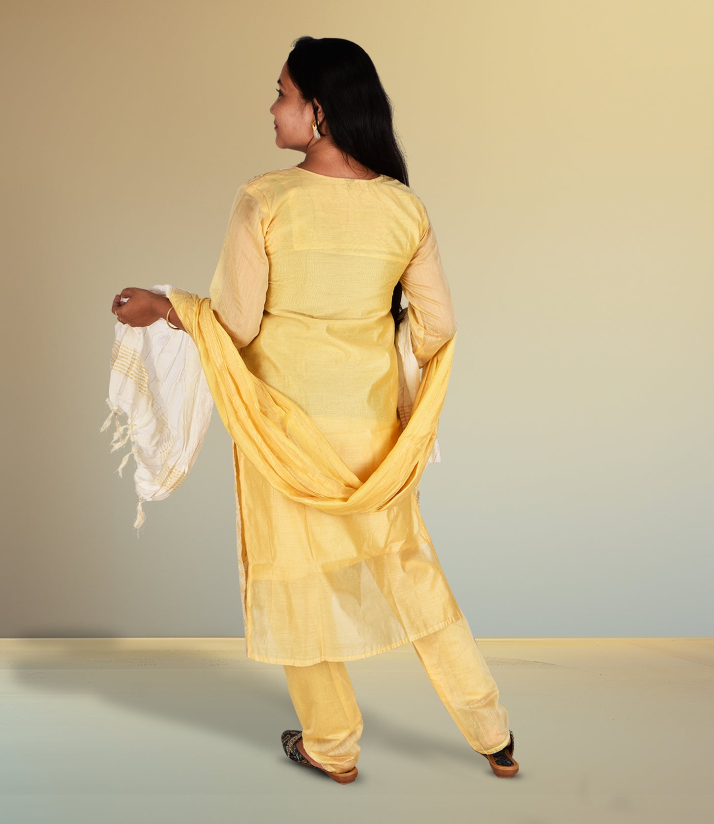 Lemon Yellow Embriodered Kurta with Trousers and Dupatta
