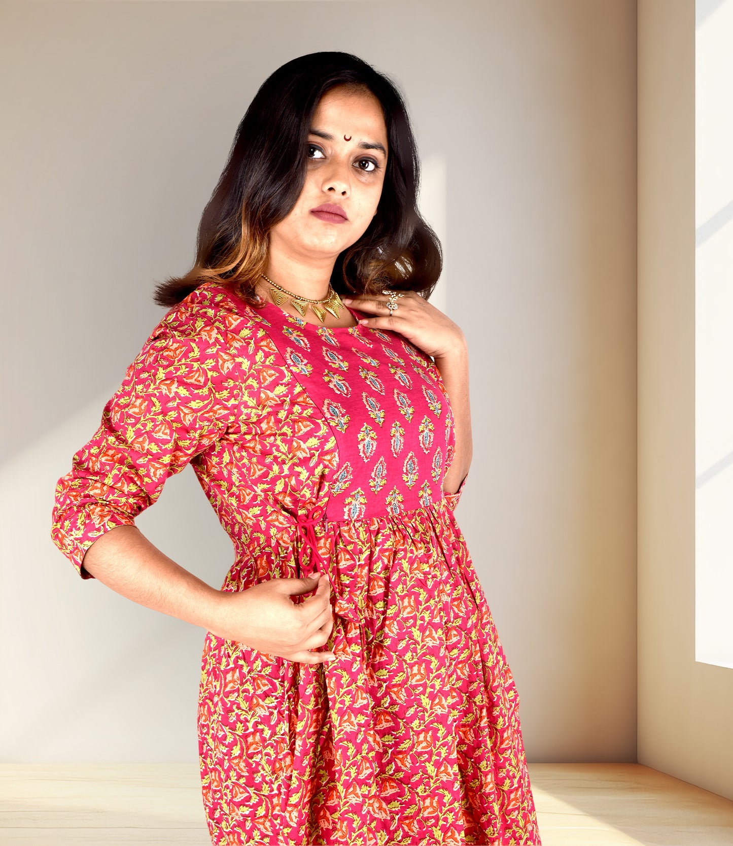 Red Maternity Wear Flared Ethnic Dress